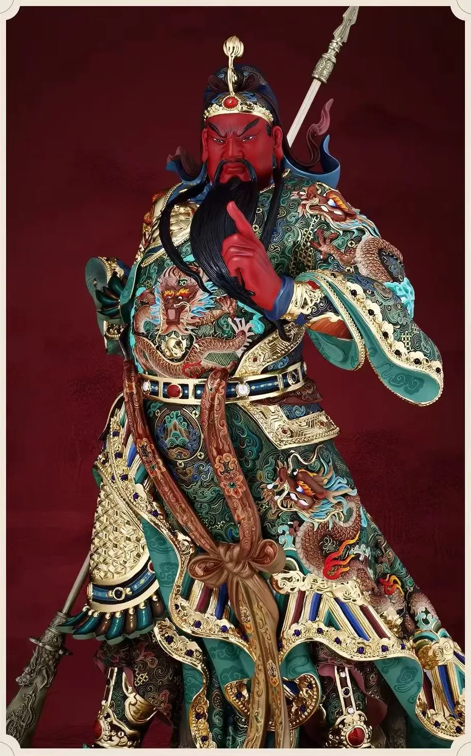 Completed Guan Yu statue in full — the finished piece after hand finishing