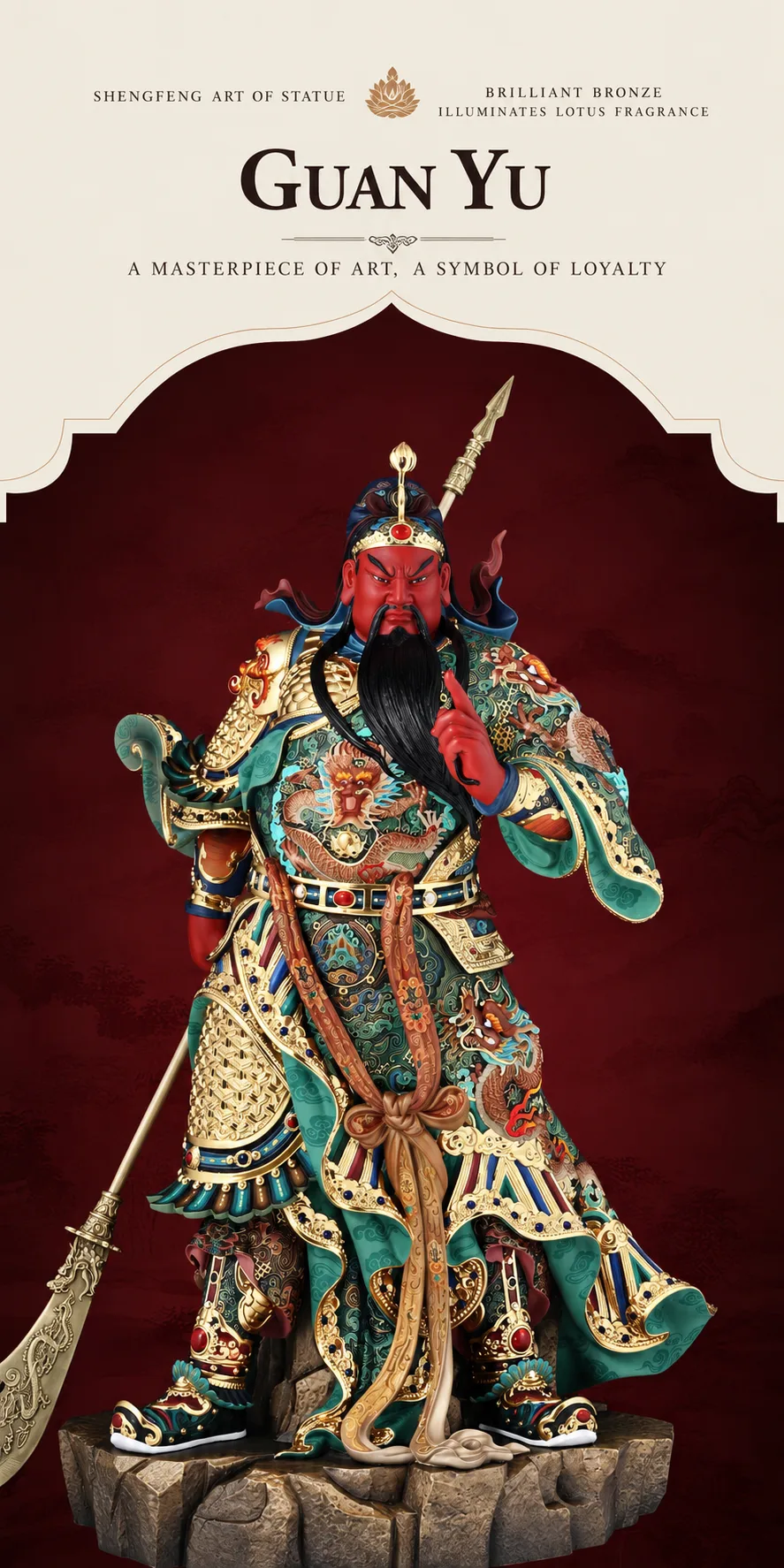 Full front view of the Shengfeng Guan Yu brass statue with polychrome dragon armour